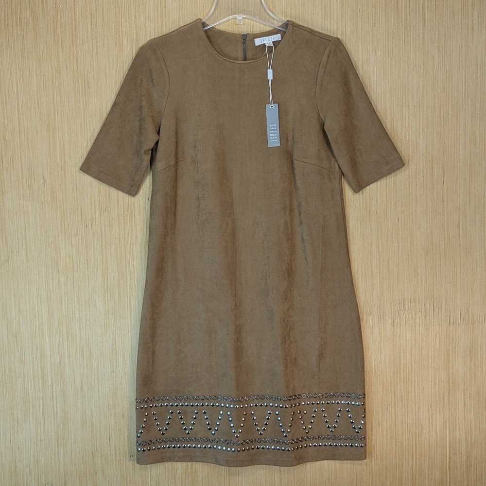Spense Womens Faux Suede Studded Shift Dress Brown‎ 6 Boho Western Neutral Chic